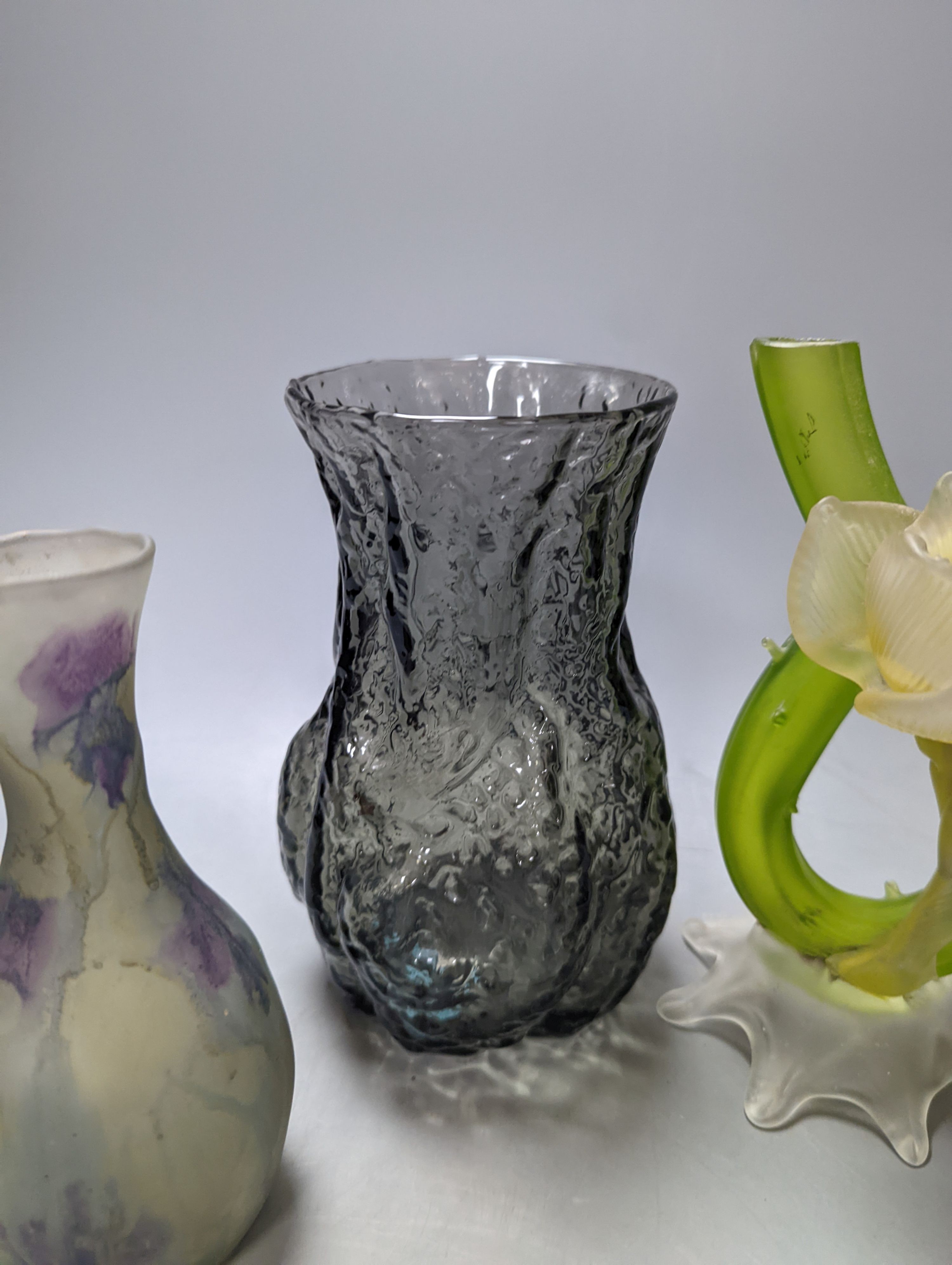 A Whitefriar's glass vase and three glass ornaments 20cm